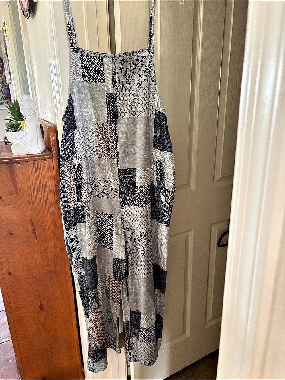 Patchwork Maxi Jump Suit in Blue & White Size Medium Like New